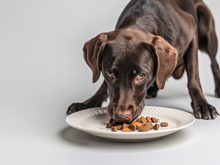 A chocolate Labrador dog eagerly eating dog food from a ceramic bowl, set against a clean white background.の素材