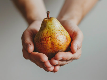 Close-up of a fresh pear cradled gently in a person's hands, isolated on a white background.の素材