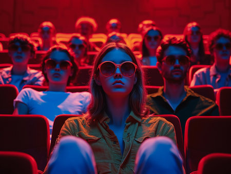 Stylish young woman in sunglasses inside a cinema, with a vivid blue backdrop.の素材