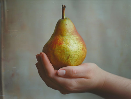 The image captures a hand cradling a fresh yellow pear, focusing on natural and healthy food choices.の素材
