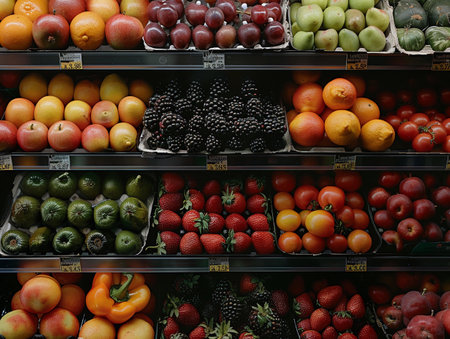Variety of fresh fruits like oranges, kiwis, and tomatoes neatly organized on supermarket shelves.の素材