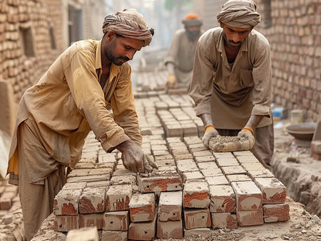 Two bricklayers carefully aligning bricks to build a structure at a dusty site.の素材
