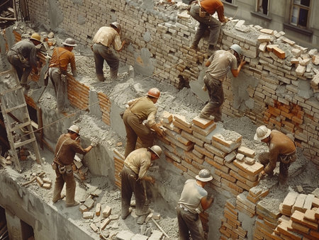 Group of construction workers actively building a brick wall on a site.の素材