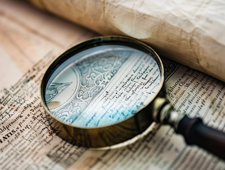 Close-up of a magnifying glass on ornate old printed texts.の素材