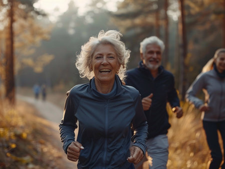 Senior couple smiling while jogging in a forest, showcasing active agingの素材