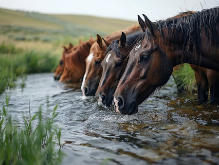 Group of horses drinking from a river with a lush, green backdropの素材