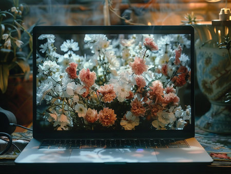 Vivid display of mixed flowers on a laptop screen, set in a cozy indoor environment.の素材