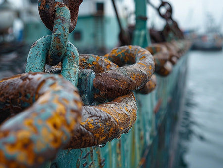 Rust-covered chains piled on a ship's deck, emphasizing texture and decay.の素材