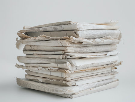 Neatly stacked newspapers on a plain white background.の素材