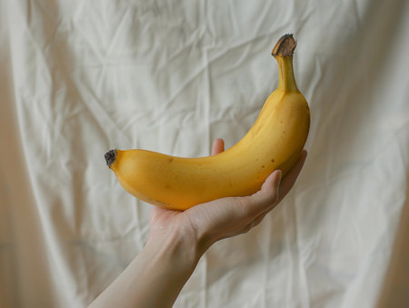 Hand holding a fresh yellow banana with a white background.の素材