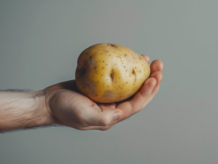 Close-up of a hand holding a large potato against a plain gray background.の素材