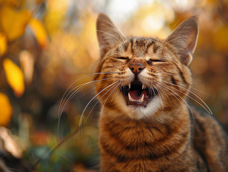 Close-up of a laughing cat with an autumn background.の素材