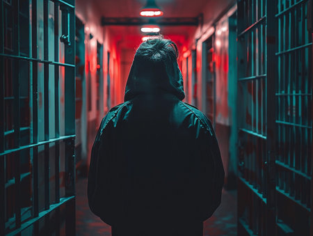 Individual in hooded jacket walking down a dimly lit jail corridor with bars.の素材