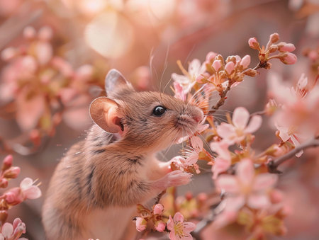 Close-up of a mouse gently sniffing cherry blossoms on a branch.の素材