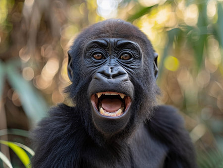 Gorilla laughing with open mouth and blurred background.の素材