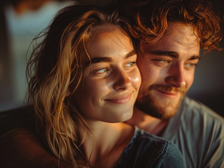 Couple relaxing and smiling together during a sunset, close-up.の素材