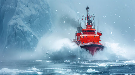 Icebreaker ship breaking through thick ice at sunset in the Arctic.の素材