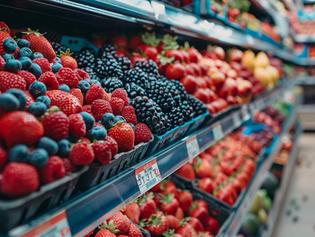 Fresh berries including strawberries, blueberries, and blackberries on market shelf with vibrant colorsの素材