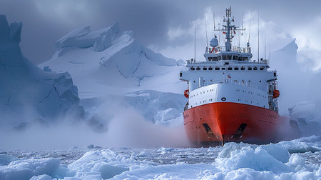 Icebreaker ship charging through icy waters amidst heavy snowfall in the Arctic.の素材