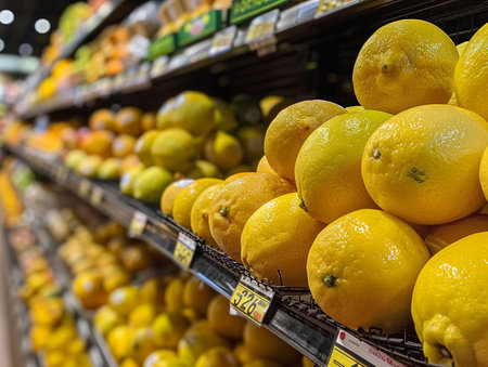 Rows of fresh lemons on supermarket shelves in the produce section.の素材