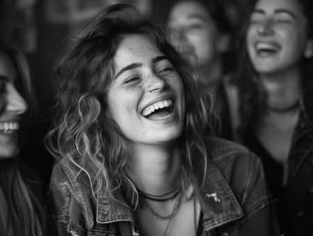 Group of friends laughing and enjoying time together.の素材