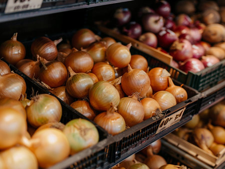 Close-up of different onion varieties on display in a supermarket.の素材