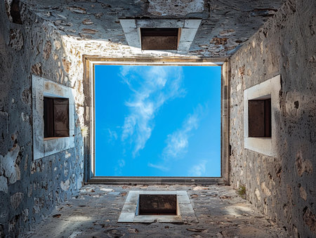 View from below of an ancient stone courtyard with blue sky.の素材