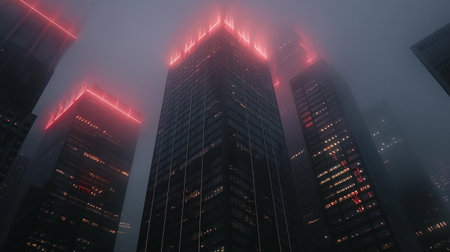 High-rise buildings with neon red lights in dense fog at night.の素材