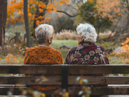 Two elderly women sitting on a bench in a park during autumn.の素材