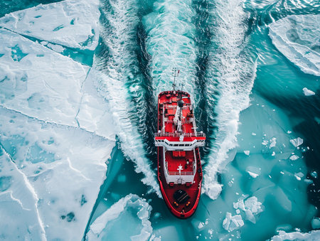 Aerial view of an icebreaker ship navigating through icy waters.の素材