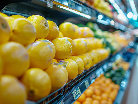 Close-up of fresh lemons on display in a supermarket aisle.の素材