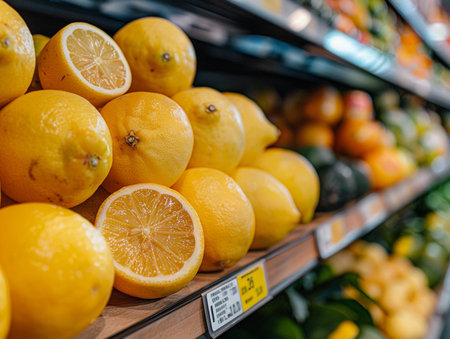 Close-up of cut lemons and whole lemons on supermarket shelf.の素材