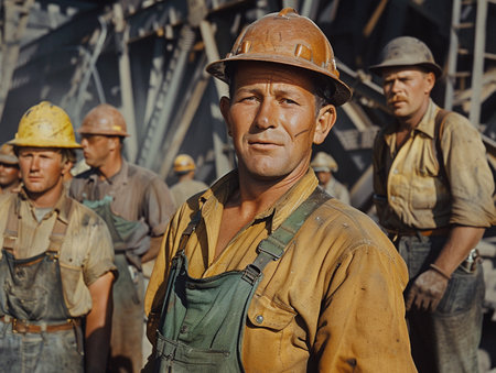 Portrait of construction workers wearing hard hats at a construction site.の素材