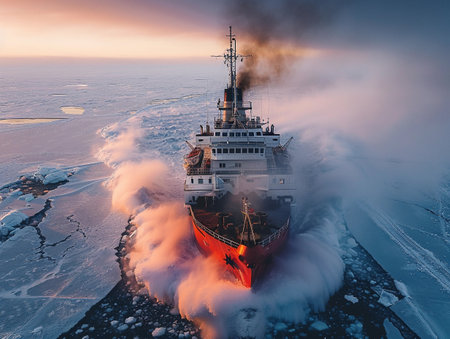 cebreaker ship steaming through a vast Arctic ice field surrounded by icebergs.の素材