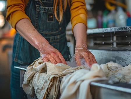 Close-up of a woman washing clothes by hand in a sink with soap suds.の素材
