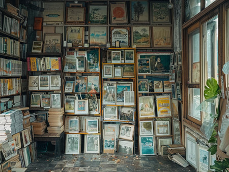 Interior of a cozy vintage bookstore with framed prints and bookshelves.の素材
