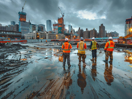 Four construction workers on muddy urban construction site under cloudy sky.の素材