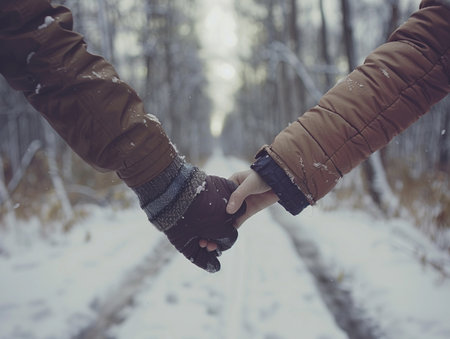 Close-up of two people holding hands while walking through a snow-covered forest in winter.の素材