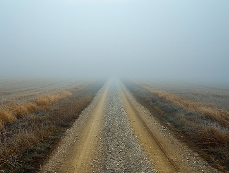 A foggy dirt road stretching through barren fields on a misty dayの素材