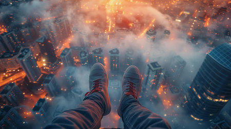White sneakers and jeans suspended above a foggy cityscape with glowing lights, creating a dreamy atmosphere.の素材