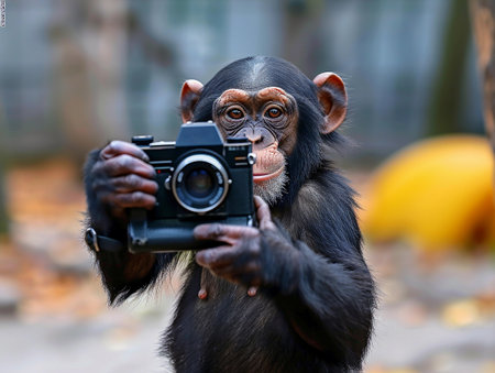 A young chimpanzee holding a camera, focusing intently on taking a photo. The background is a blurred natural setting.の素材