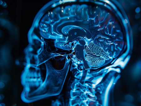 A close-up view of a translucent model of the human brain and skull, illuminated in a deep blue light. The model showcases the intricate structure of the brain, with detailed veins and nerves visible. The surrounding skull appears as a skeletal outline, emphasizing the anatomical connection between the brain and the protective shell.の素材