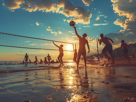 Beach Volleyball Game at Sunset With Silhouetted Playersの素材