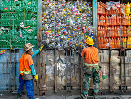 Workers Loading Plastic Bottles Into Shipping Container in Cityの素材