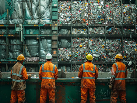 Four Workers Inspecting A Pile Of Recycled Plastic At A Recycling Facilityの素材