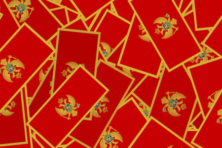 Red flags of Montenegro displayed on a surfaceの写真素材