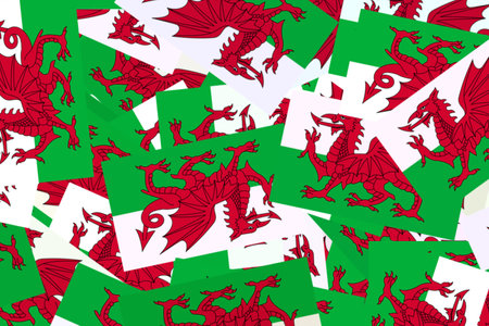Display of vibrant Welsh flags in various anglesの写真素材