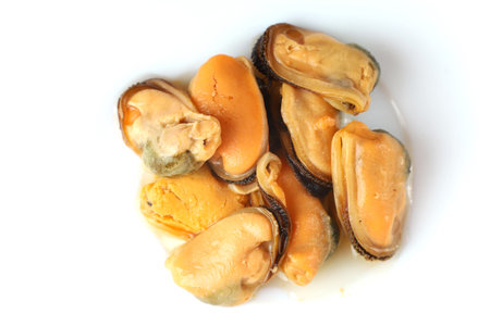 A vibrant display of fresh mussels showcases the natural colors and textures, highlighting their culinary appeal and freshness.の写真素材