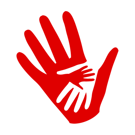 Three hands on hands, charity icon, organization of volunteers, family community â stock vectorのイラスト素材