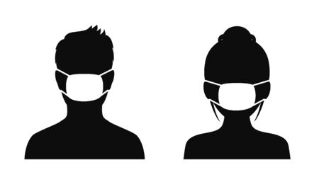Man and woman wearing medical masks, protecting themselves against pandemic epidemic infection. Coronavirus - COVID-19, virus contamination, pollution, antivirus. Disposable medical mask icon.のイラスト素材